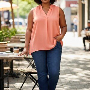 (F-169)Avenue Womens Sleeveless Blouse Top Sz 18/20 Peach Coral V-Neck Lightweig